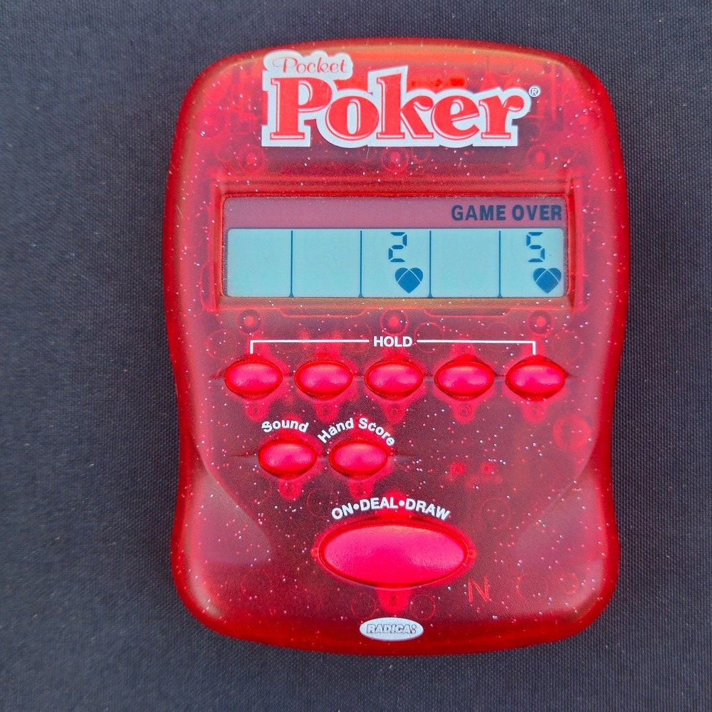 Radica Pocket Poker Handheld Electronic Game Translucent Red Glitter 2004 VTG